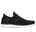 Skechers Summits High Range Slip-Ins Mens Casual Smart Trainers, black slip-on athletic sneakers with breathable mesh upper and white cushioned sole for comfort and style.