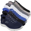 Skechers Summits High Range Slip-Ins Men's Casual Smart Trainers, a collection of men's slip-on sneakers in various colors including navy blue, black, white, grey, beige, and black with different textured and breathable fabric designs.