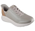 Skechers Bobs Squad Chaos Heel Preferred Mens Slip-Ins Casual Trainers, light gray sneaker with beige accent and white sole.