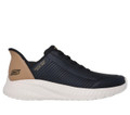 Skechers Bobs Squad Chaos Heel Preferred Mens Slip-In Casual Trainers, black and beige slip-on sneakers with a white sole.