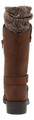 Rocket Dog Telsa Womens Tall Zip Up Mid Calf Biker Buckle Boots, close-up view of the back showing the brown leather exterior, buckle detail, and inner knit ankle cuff.