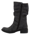Rocket Dog Trumble Womens Zip Up Mid Calf Biker Buckle Boots, black faux leather mid-calf boots with zipper closure, buckle details, and low chunky heel for a stylish biker look.