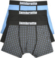 Lambretta Mens 3 Pack Cotton Underwear Trunks Boxer Shorts, including solid black, light blue, and patterned shorts with a small geometric design.