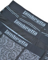 Lambretta Mens 3 Pack Cotton Underwear Trunks Boxer Shorts, black and gray boxer shorts featuring elastic waistband with Lambretta branding and patterned fabric. 