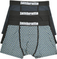 Lambretta Mens 3 Pack Cotton Underwear Trunks Boxer Shorts, three pairs of men's boxer shorts with different designs including plain black, plain navy, and patterned blue with circles.