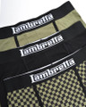 Lambretta Mens 3 Pack Cotton Underwear Trunks Boxer Shorts, close-up of three pairs of men's boxer shorts with elastic waistbands featuring Lambretta logo, in black, olive green, and checkered design.