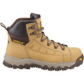 Caterpillar Threshold Rebound Mens Composite Toe Cap Work Safety Boots, durable tan work boot with black padded ankle support, waterproof feature, rugged sole, and protective toe cap for industrial work use.