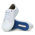 Birkenstock QO 500 Mens/Womens Microfibre Nursing Work Shoes - Regular, white slip-on casual sneaker with blue rubber outsole and textured leather upper.
