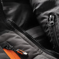 Scruffs Mens Worker Padded Lightweight Work Gilet Body Warmer, close-up view of its black fabric with zippers and orange accents.