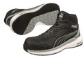 PUMA Safety PUMA Zoom Mid Mens S3S Composite Toe/Midsole S1P Safety Work Boots, black and gray work boots featuring a durable leather upper, padded ankle collar, lace-up closure, and slip-resistant rubber outsole with tread pattern for traction.