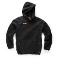 Scruffs Mens Softshell Zip Up Work Warm Hooded Jacket Coat, black waterproof and windproof softshell jacket with a hood, multiple zippered pockets, and orange accents.