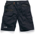 Scruffs Flex Trade Holster Mens Multi Pocket Cargo Shorts, black utility shorts with multiple pockets and a holster for tools or accessories.