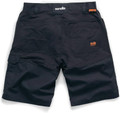 Scruffs Flex Trade Holster Mens Multi Pocket Cargo Shorts, image showing the back view of black cargo shorts with multiple pockets and orange branding labels.