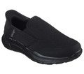Skechers Equalizer 5.0 Drayze Mens Slip-Ins Casual Smart Trainers, black slip-on sports shoes with breathable mesh material and cushioned sole for comfort.