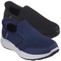 Skechers Equalizer 5.0 Drayze Mens Slip-Ins Casual Smart Trainers, black and blue slip-on sneakers with Mesh upper and cushioned sole for comfortable everyday wear.