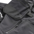 Scruffs Tech Holster Mens Multi Pocket Workwear Trousers, close-up of black work trousers with multiple pockets, zippers, and reinforced stitching for durability.