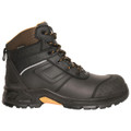 JCB Fastrac Mens Work Safety Composite Toe Midsole Ankle Boots, black leather work boots with orange accents, waterproof material, sturdy sole, and safety features for industrial and construction environments.