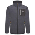JCB Mens Trade Full Zip Up Work Warm Jacket Coat Fleece, front view of a men's grey fleece jacket with a stand-up collar, multiple zippered pockets, and black accents.