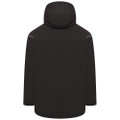 JCB Mens Softshell Zip Up Work Warm Hooded Jacket Coat, back view of a black hooded softshell jacket with a zipper and reflective detailing.