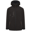 JCB Mens Softshell Zip Up Work Warm Hooded Jacket Coat, black outdoor jacket with multiple zippered pockets and adjustable hood for work and outdoor activities.