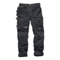 Scruffs Pro Flex Plus Holster Mens Codura Stretch Workwear Trousers, black work trousers with multiple pockets, zippers, and reinforced knee areas for durability and flexibility in workwear.