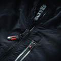 Scruffs Over-Head Jacket Mens Lightweight Work Jacket Coat, close-up image of the black fabric with zippers and logo details.