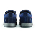 Scruffs Halo 3 Mens Safety S3 Lace Up Steel Toe Midsole Trainers, rear view of navy blue safety shoes with steel toe cap and cushioned ankle collar.