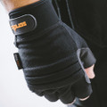 Scruffs Trade Fingerless Mens Work Padded Palm Gloves, close-up of durable black work glove with padded palm and fingerless design for enhanced grip and protection.