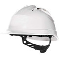 Delta Plus Delta-Plus Quartz Up 4 Vented Rotor Safety PPE Helmet, white industrial safety helmet with ventilation slots and adjustable chin strap.