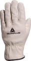 Delta Plus Mens/Womens Unlined Leather Cowhide Winter Cold Drivers Gloves, white leather gloves with elastic wrist and Delta Plus logo.