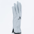 Delta Plus Mens/Womens Unlined Leather Cowhide Winter Cold Drivers Gloves, white unlined leather gloves with black trim and logo for winter driving and cold weather protection.