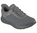 Skechers Bobs Squad Chaos Tough Walk Mens Slip-Ins Casual Trainers, close-up of the dark grey sport shoe with mesh upper and rubber sole.