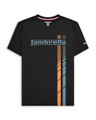Lambretta Mens Fade Racing Stripe Retro Mod Ska Casual T-Shirts, black T-shirt with blue and orange racing stripe graphic design and Lambretta logo text.
