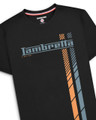 Lambretta Mens Fade Racing Stripe Retro Mod Ska Casual T-Shirts, black t-shirt with blue and orange striped racing stripe design and Lambretta logo.