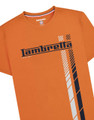 Lambretta Mens Fade Racing Stripe Retro Mod Ska Casual T-Shirts, orange T-shirt with black and white stripe design and Lambretta logo.