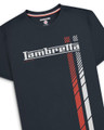 Lambretta Mens Fade Racing Stripe Retro Mod Ska Casual T-Shirts, black t-shirt with white and red racing stripe design and Lambretta logo.