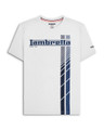 Lambretta Mens Fade Racing Stripe Retro Mod Ska Casual T-Shirts, white T-shirt with blue racing stripes and Lambretta logo.