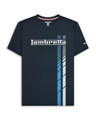 Lambretta Mens Fade Racing Stripe Retro Mod Ska Casual T-Shirts, navy blue t-shirt with white, blue, and black racing stripes and Lambretta logo design.
