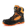 Buckbootz BVIZ1 Mens Zip Up S7S Composite Safety Ankle Boots, orange and black safety work boots with waterproof feature and sturdy sole.