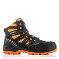Buckbootz BVIZ2 Mens Lace Up S7S Composite Safety Ankle Boots, black and orange safety work boots with lace-up design, reinforced toe, and non-slip sole for industrial safety.