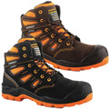Buckbootz BVIZ2 Mens Lace Up S7S Composite Safety Ankle Boots, pair of sturdy safety ankle boots with lace-up design, black and brown colors, featuring orange accents and slip-resistant soles.