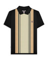 Lambretta Mens Vintage Classic Mod Ska Casual Smart Polo, men's vintage polo shirt with a black collar and a beige and black striped design.