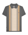 Lambretta Mens Vintage Classic Mod Ska Casual Smart Polo, a men's polo shirt featuring a retro-inspired striped design in beige, brown, black, and gray colors with a collar and buttoned placket.