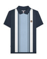 Lambretta Mens Vintage Classic Mod Ska Casual Smart Polo, navy blue and light blue striped short-sleeve polo shirt with collar and button placket.