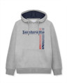 Lambretta Mens Racing Stripe Pull Over Sweatshirt Hooded Hoodie, gray hoodie with blue and red racing stripe graphic and Lambretta logo on front.