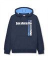Lambretta Mens Racing Stripe Pull Over Sweatshirt Hooded Hoodie, navy blue hoodie with blue and white racing stripes and 'Lambretta' logo on the front.