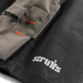 Scruffs Worker Plus Holster Mens Multi Pocket Cargo Shorts, close-up of durable cargo shorts with multiple pockets and orange stitching details.