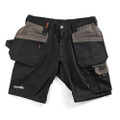 Scruffs Worker Plus Holster Mens Multi Pocket Cargo Shorts, black and brown work shorts with multiple utility pockets, zippers, and durable fabric for workwear.
