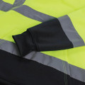 Scruffs High Visibility Mens Hi-Viz Work Pull Over Hoodie, close-up of the black hoodie with high visibility yellow and gray reflective strips.