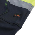 Scruffs High Visibility Mens Hi-Viz Work Pull Over Hoodie, close-up of the black hoodie fabric with orange logo detail and high-visibility yellow and gray reflective accents.